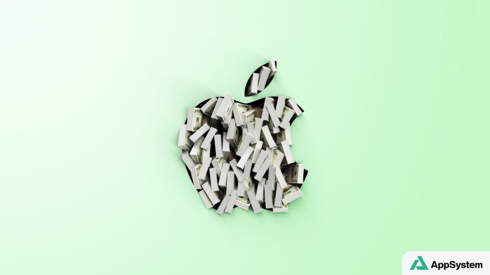 Pomme composée de liasses de dollars illustrant les finances d’Apple
