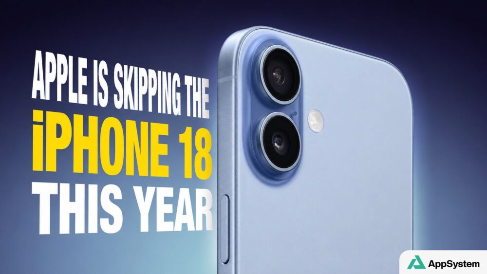 Rendu d’un iPhone 18 bleu accompagné du titre sur son lancement reporté