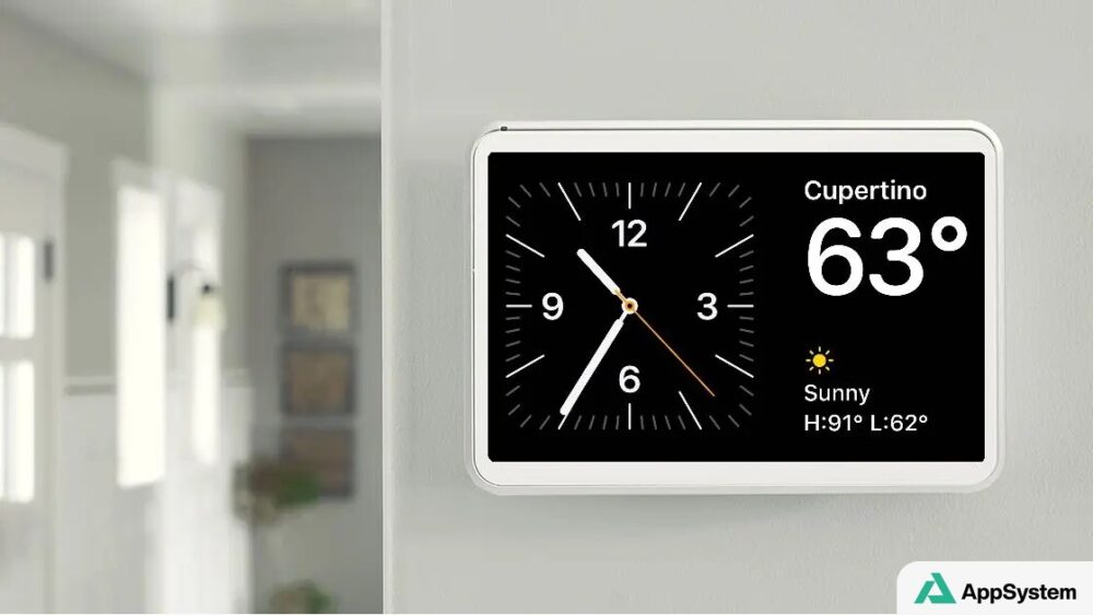 Rendu d’un écran connecté affichant horloge et météo