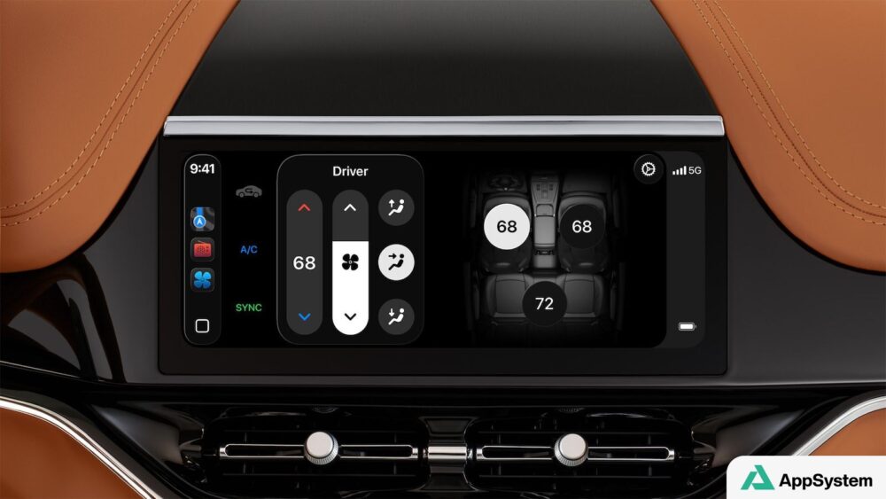 Interface CarPlay Ultra affichant les réglages de climatisation du véhicule