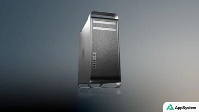 Tour Mac Pro en aluminium photographiée sur fond dégradé