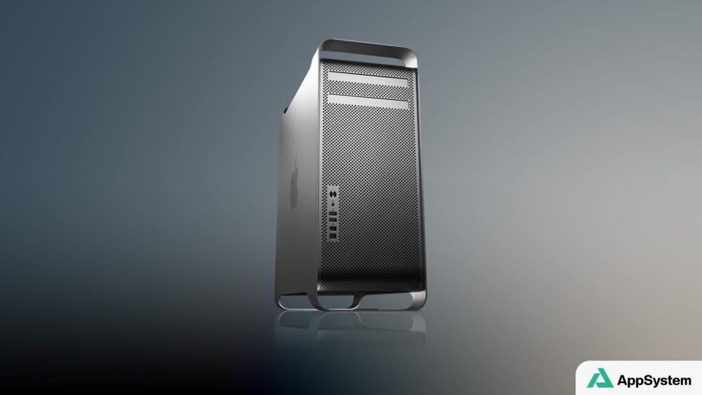 Mac Pro en aluminium présenté de face sur fond sombre