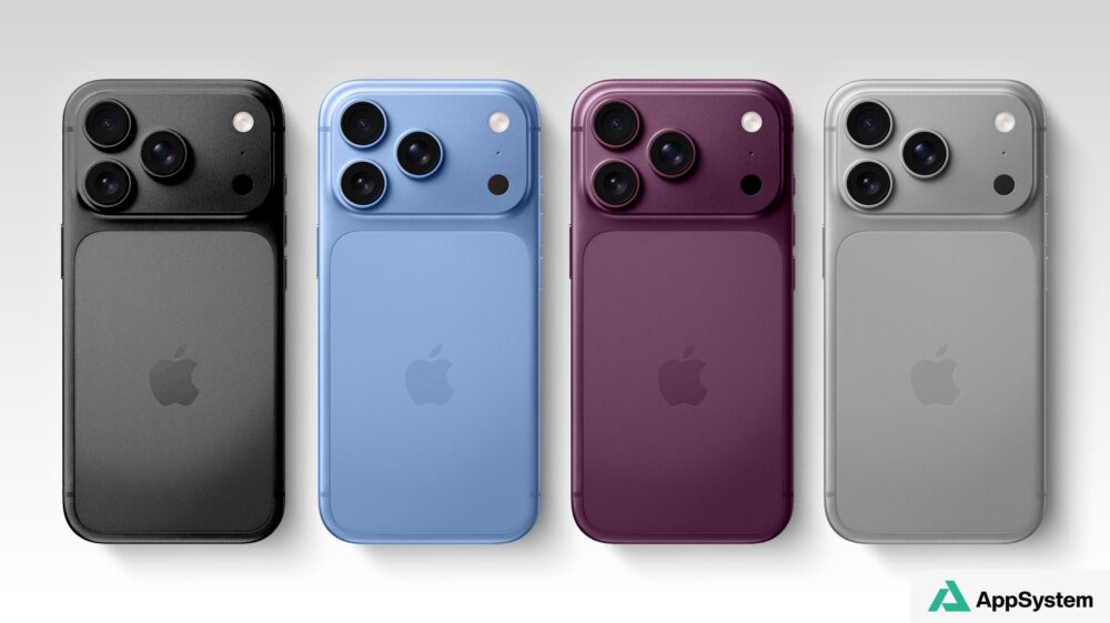 Quatre iPhone Pro présentés de dos dans différentes couleurs