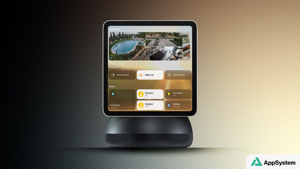 Rendu d’un écran domestique Apple contrôlant les équipements connectés