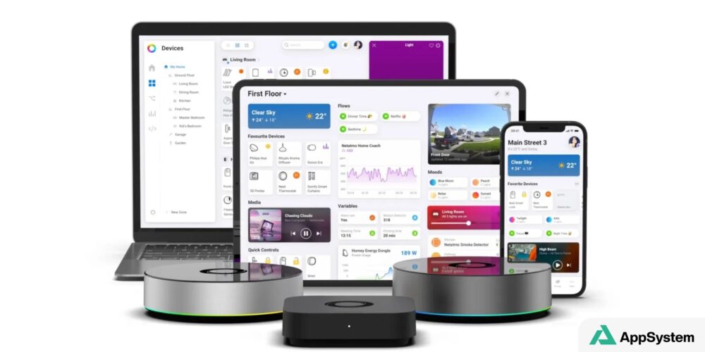 Gamme de hubs Homey avec interfaces domotiques sur différents écrans