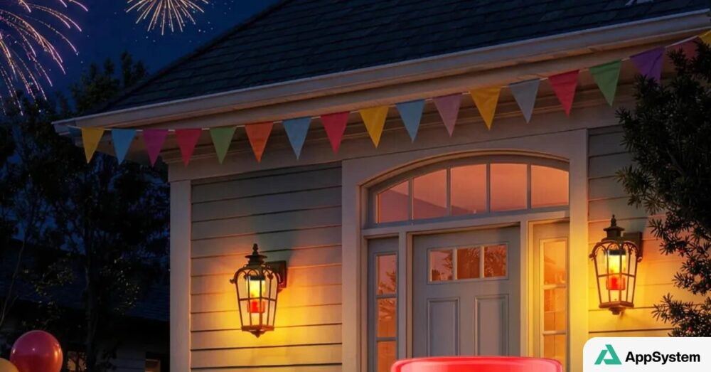 Maison éclairée par des lampes aux effets de flamme lors d’une fête