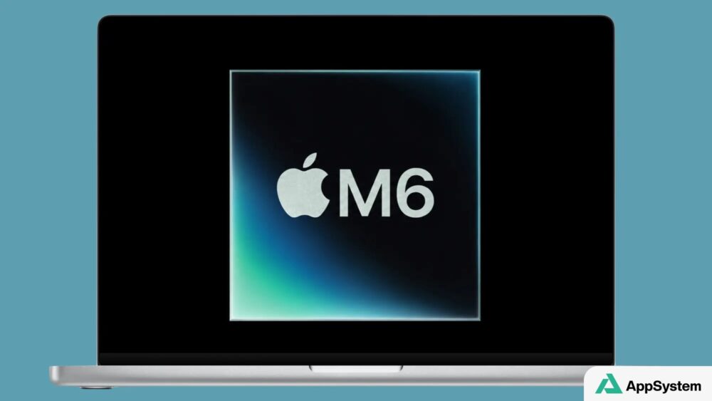 Ordinateur portable affichant le logo Apple M6 sur écran noir