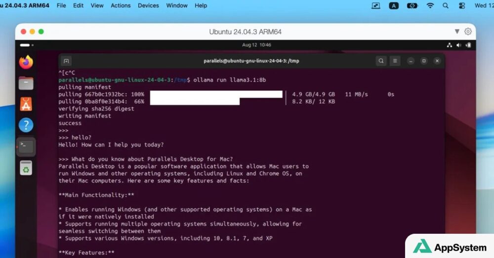 Terminal Ubuntu dans une machine virtuelle Parallels exécutant un modèle d’IA local