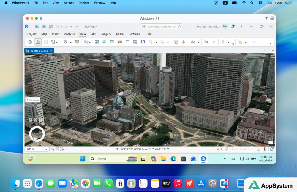 Windows 11 virtualisé sur Mac exécutant une application de cartographie 3D