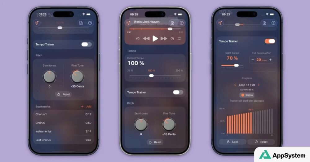 Trois écrans iPhone montrent les outils d’apprentissage musical de Pocket Jam