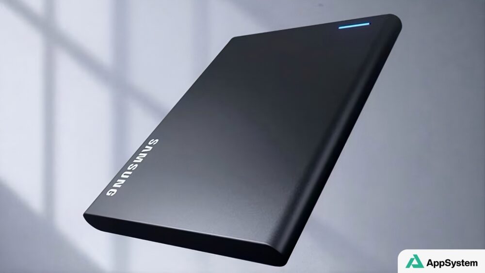 SSD portable Samsung noir avec voyant bleu allumé