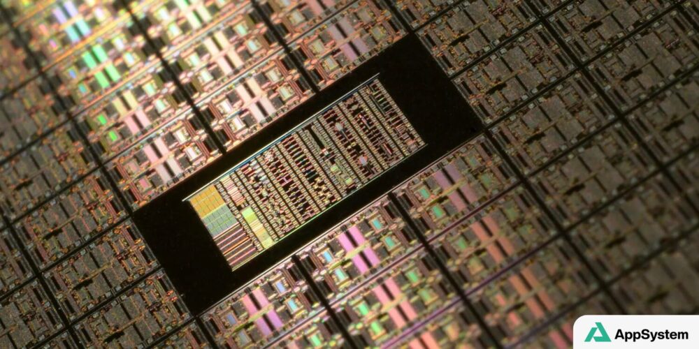 Gros plan microscopique d'une puce électronique Apple
