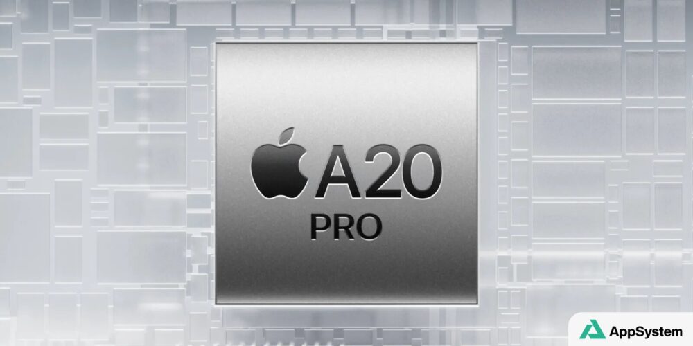Puce Apple A20 Pro présentée sur un circuit imprimé stylisé