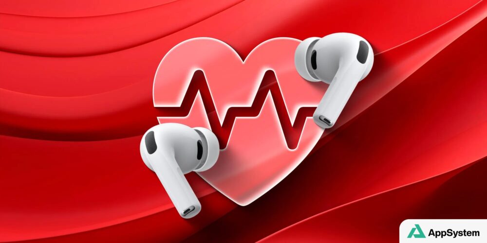 AirPods Pro blancs devant une illustration de rythme cardiaque rouge