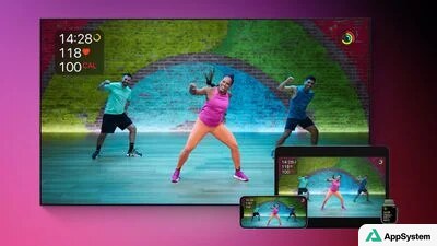 Entraîneurs Fitness+ réalisant une séance sportive sur plusieurs écrans