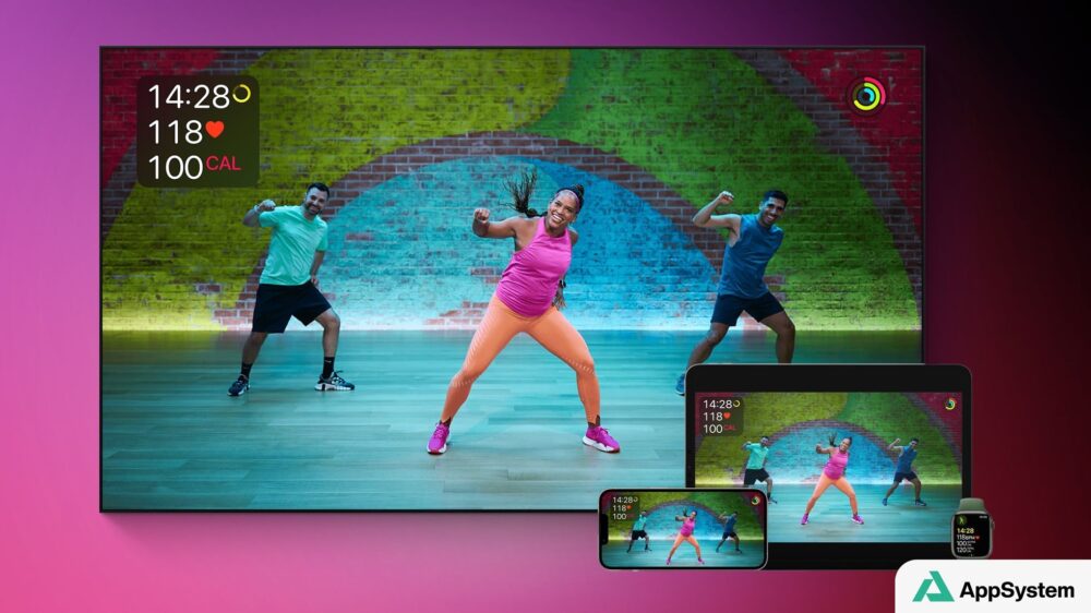 Séance Fitness+ avec trois entraîneurs affichée sur plusieurs appareils Apple