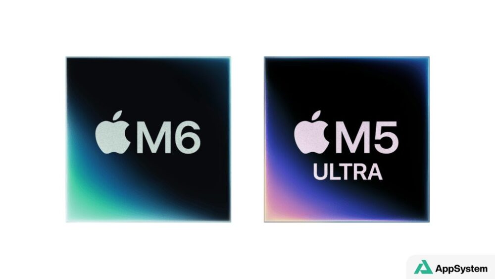 Illustrations des puces Apple M6 et M5 Ultra
