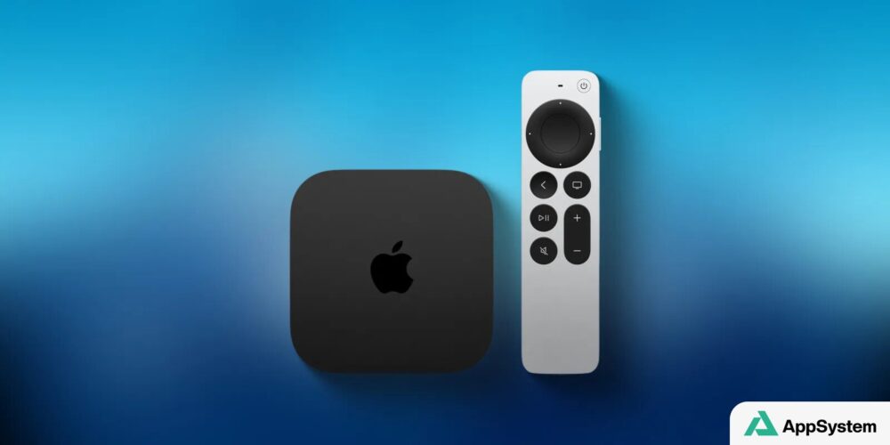 Boîtier Apple TV 4K et télécommande Siri Remote sur fond bleu