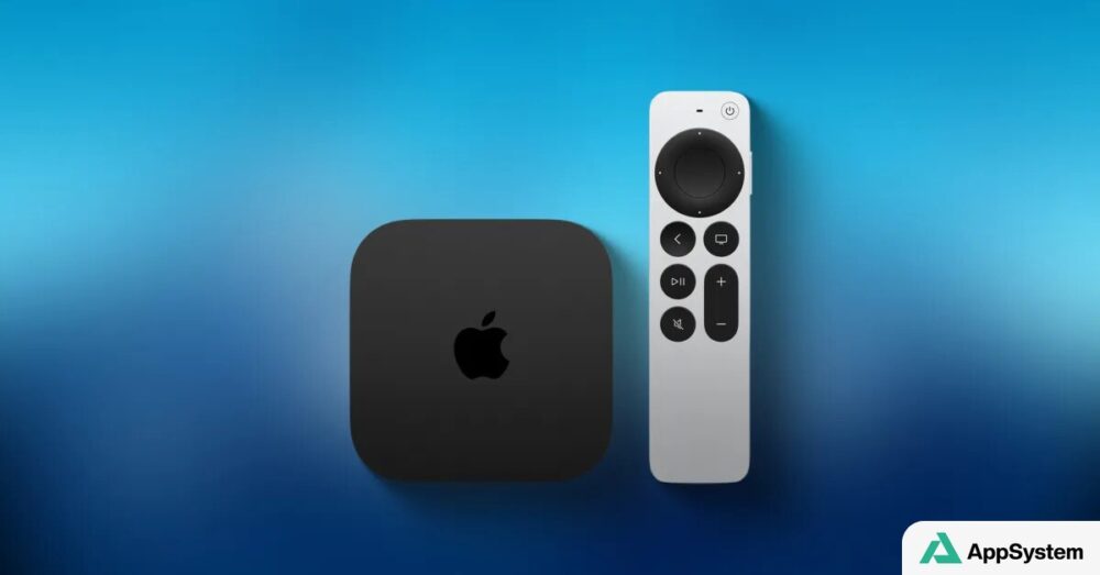 Apple TV 4K avec télécommande Siri Remote sur fond bleu
