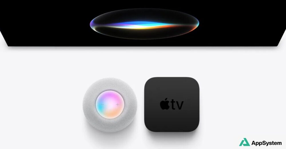 Un HomePod mini et une Apple TV 4K accompagnés d’un visuel coloré