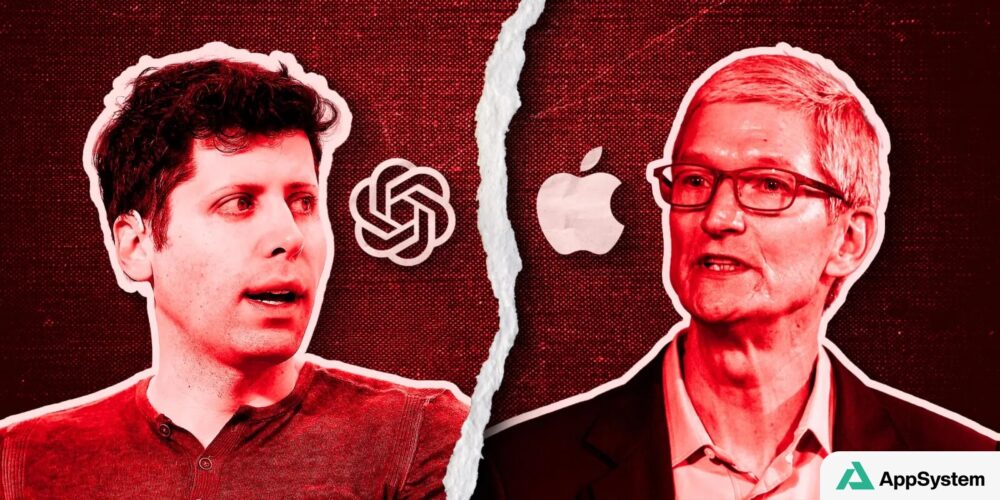 Sam Altman et Tim Cook séparés par les logos d’OpenAI et Apple