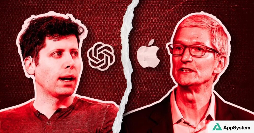 Sam Altman et Tim Cook séparés par les logos d’OpenAI et Apple