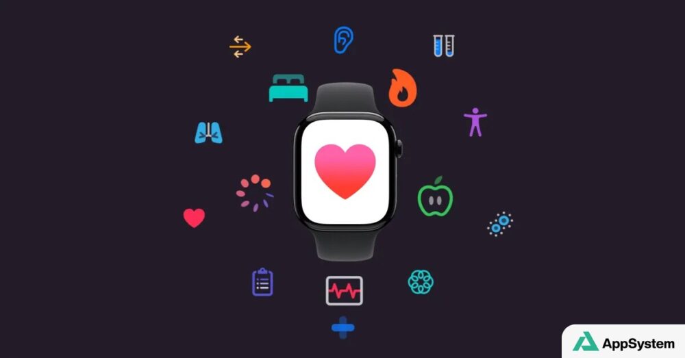 Montre Apple Watch affichant un cœur, entourée d’icônes de santé