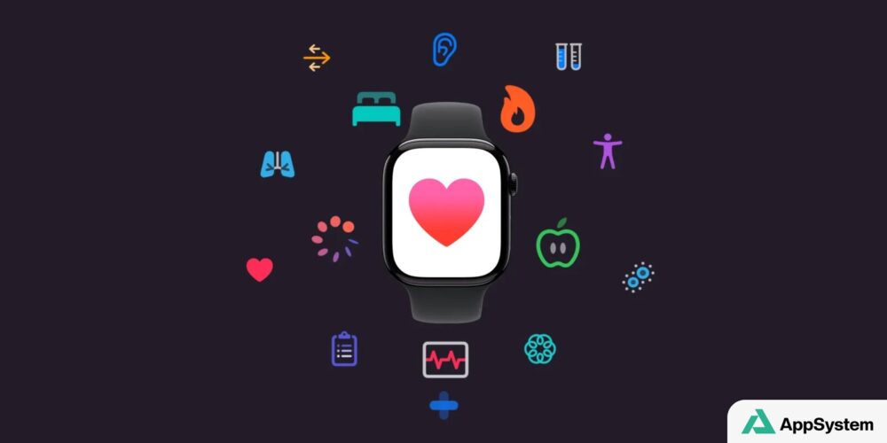 Apple Watch affichant un cœur au milieu d’icônes de santé