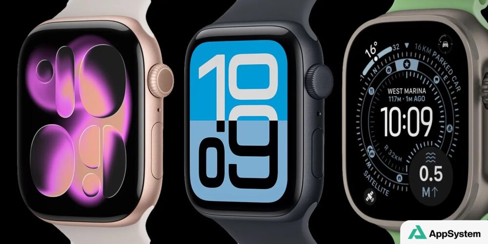 Trois modèles d’Apple Watch affichant différents cadrans sur fond noir