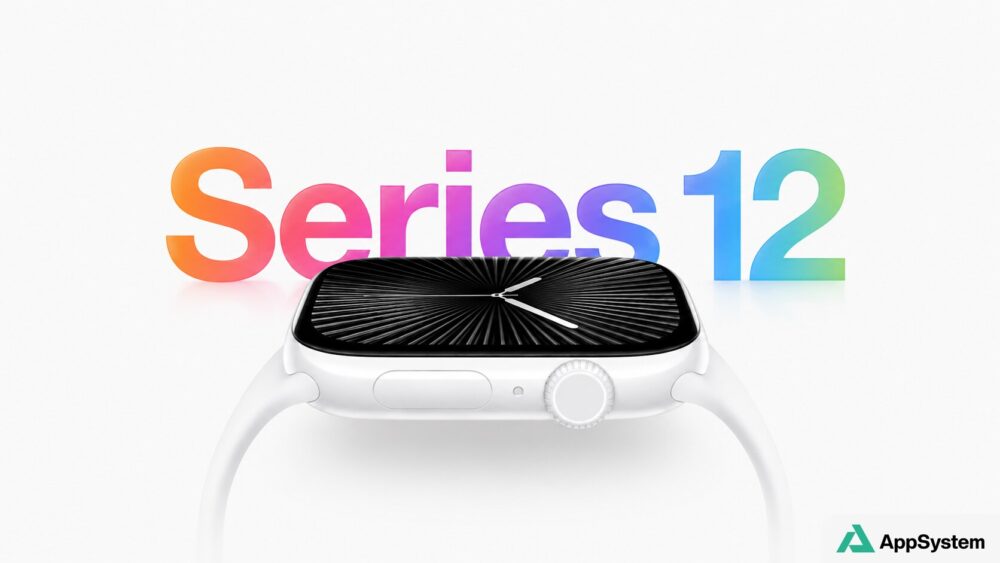 Rendu d’une Apple Watch Series 12 blanche, cadran noir affiché