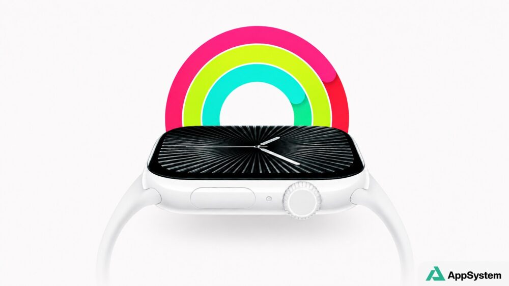 Apple Watch blanche affichant un cadran graphique avec anneaux d’activité