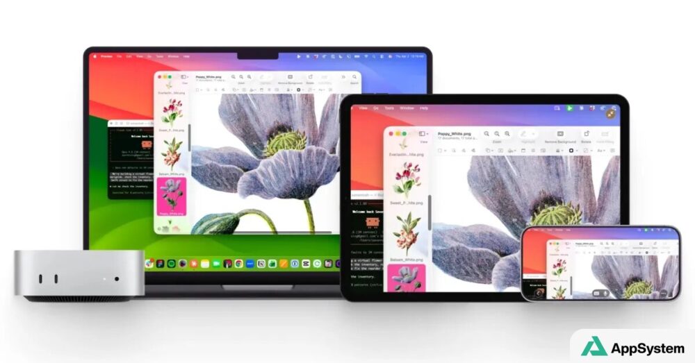 Mac, tablette et smartphone affichent un bureau partagé à distance
