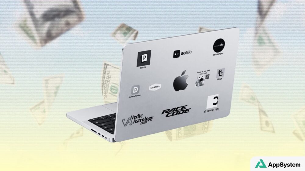 MacBook couvert d’autocollants publicitaires sur son capot