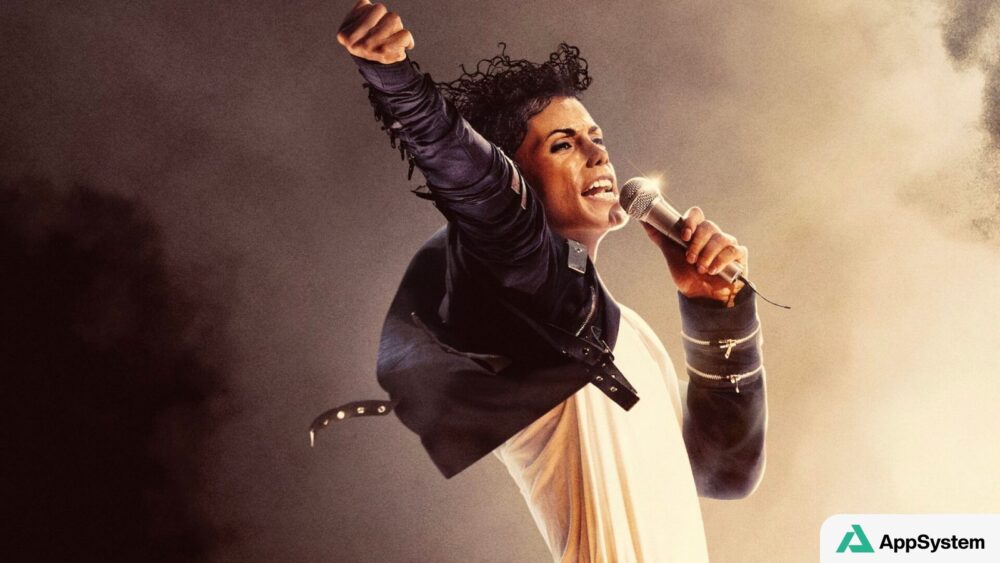 Michael Jackson interprété sur scène, micro à la main