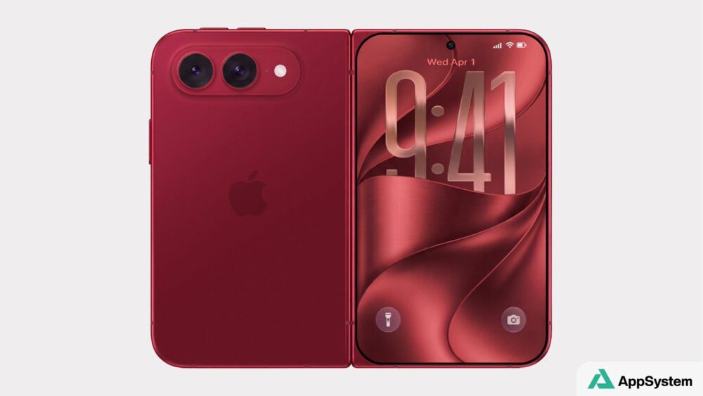 Rendu d’un iPhone pliable rouge affiché ouvert, vu de face et de dos