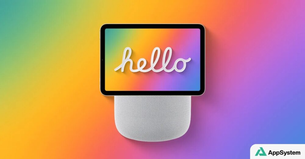 Illustration conceptuelle du HomePad, écran au-dessus d’une enceinte blanche