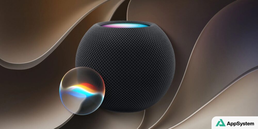 Rendu conceptuel d’un HomePod noir accompagné d’une sphère colorée