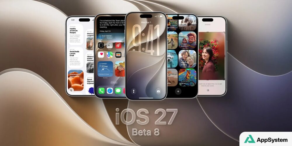 Montage de plusieurs iPhone présentant iOS 27 bêta 8