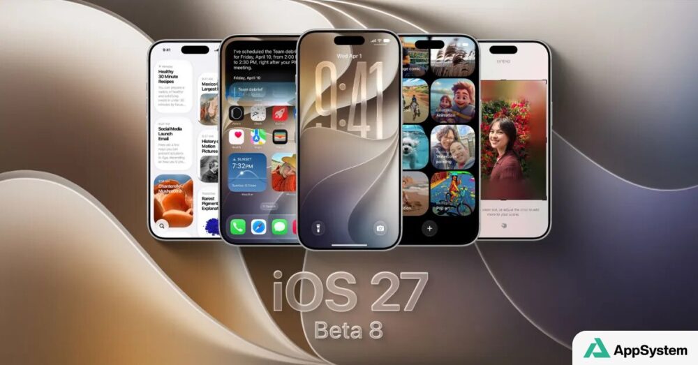 Montage de plusieurs iPhone illustrant iOS 27 bêta 8
