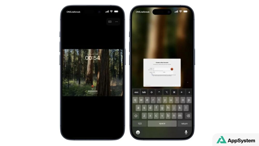 Deux iPhone affichent macOS, dont un écran de création de compte