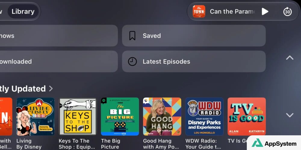 Interface Apple Podcasts affichant épisodes sauvegardés et récents