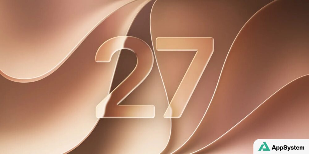 Illustration officielle d’iOS 27 avec chiffres tridimensionnels sur fond abstrait