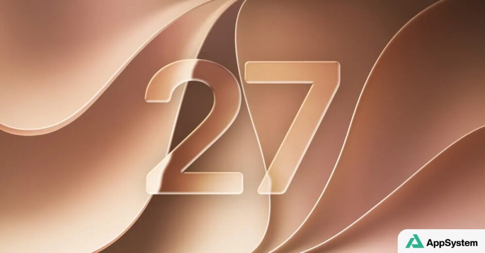 Illustration officielle d’iOS 27 avec chiffres tridimensionnels sur fond abstrait