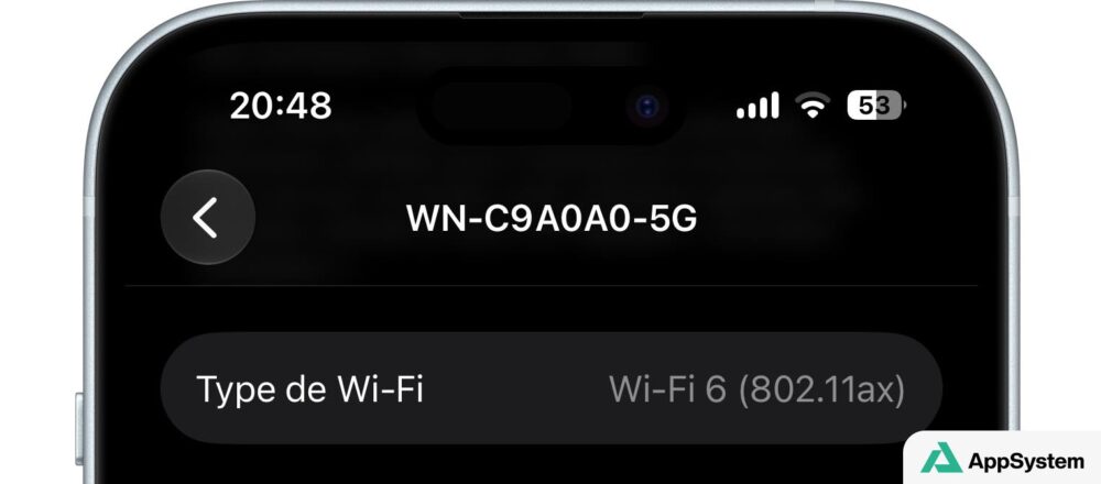 Écran iPhone indiquant la norme Wi-Fi 6 utilisée