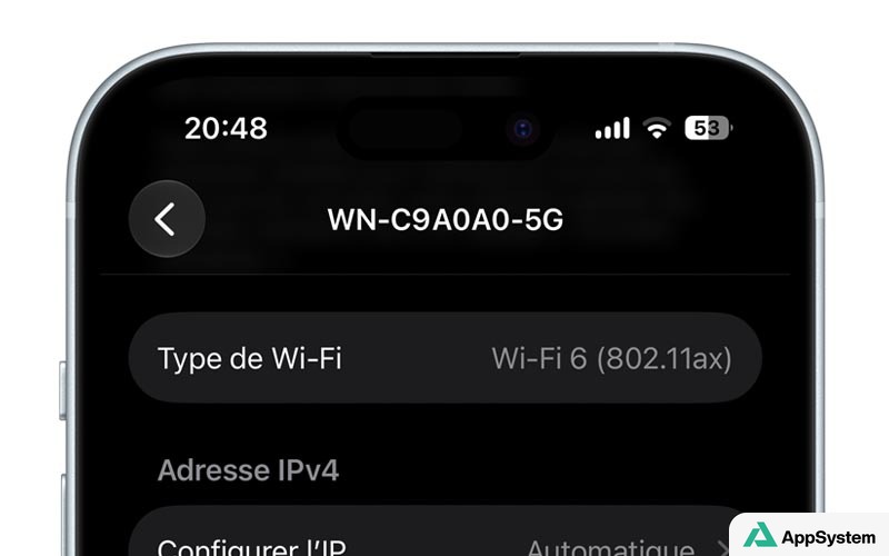 Réglages Wi-Fi d’un iPhone affichant le type Wi-Fi 6