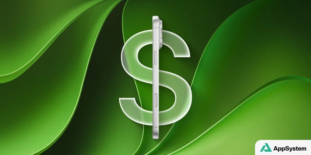 Rendu d’un iPhone de profil associé à un symbole dollar
