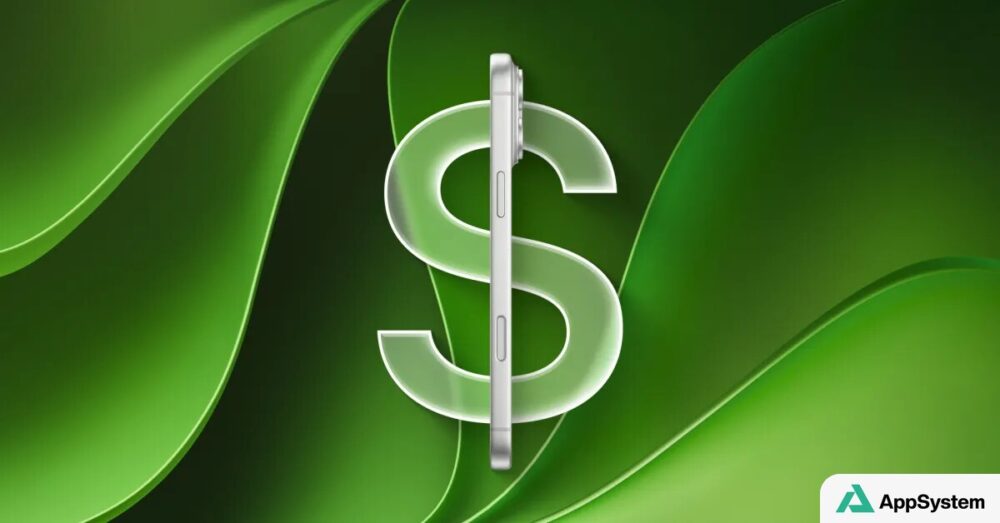 Rendu d’un iPhone vu de profil devant un symbole dollar vert