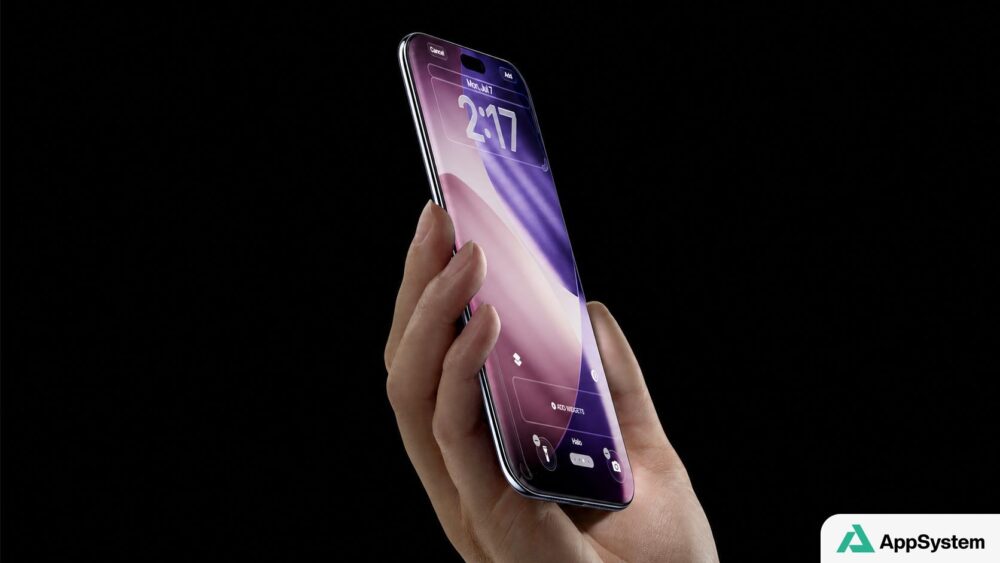 Rendu d’un iPhone à écran incurvé tenu dans une main