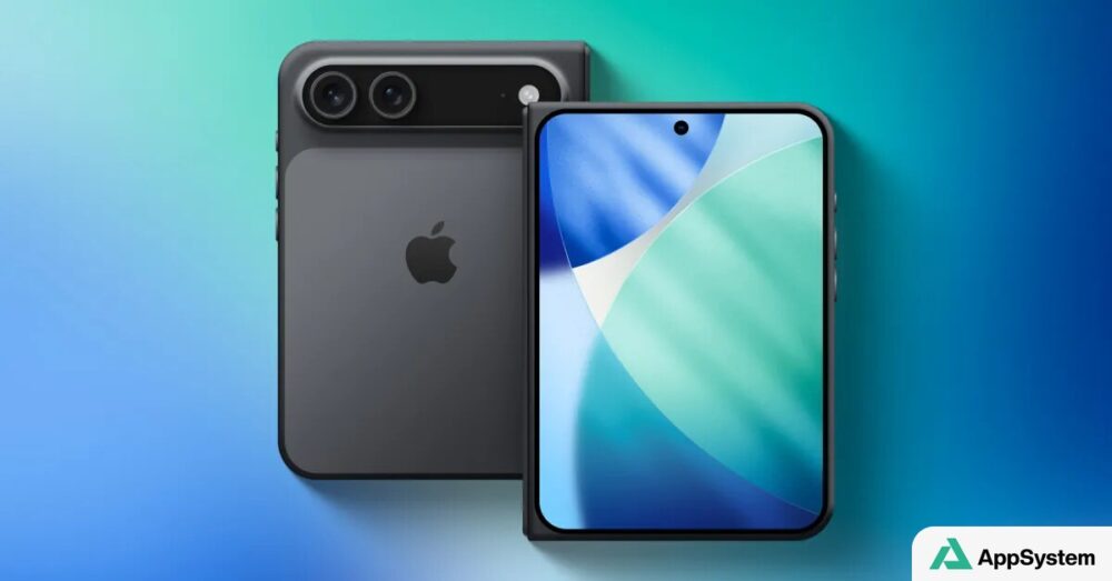Rendu d’un iPhone pliable présenté ouvert et fermé