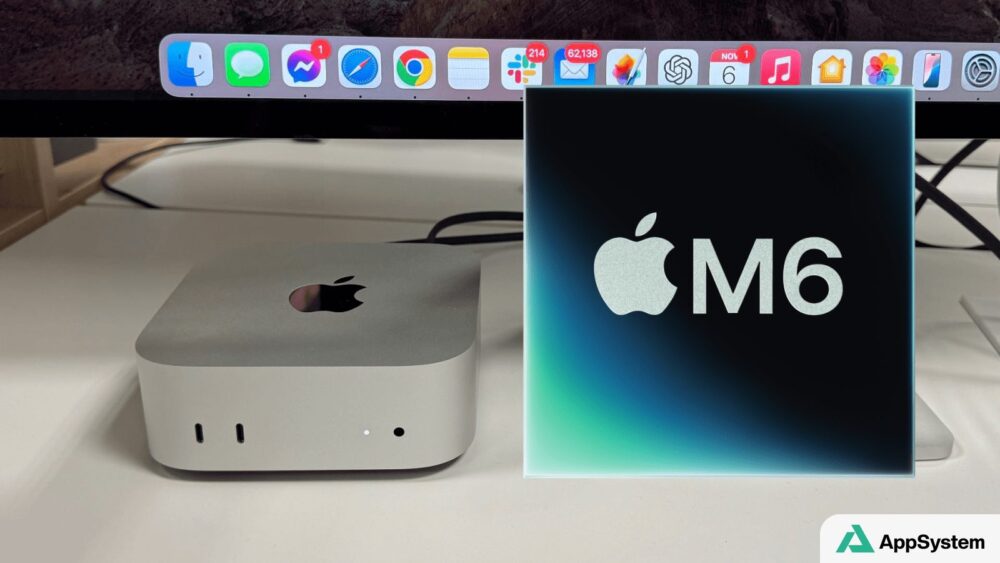 Mac mini Apple affichant une illustration de puce M6